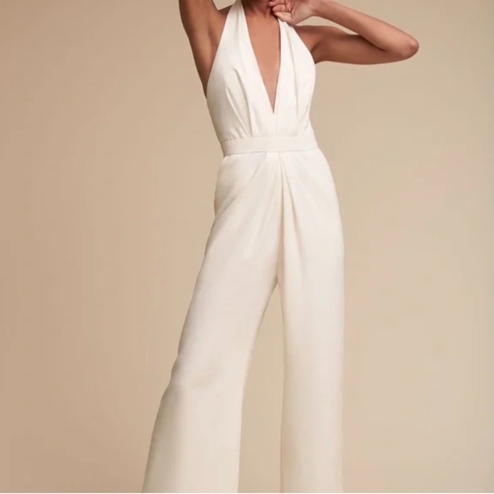 JILL STUART BHLDN Mara Jumpsuit 4 Ivory White Halter Wide Leg Wedding Bride